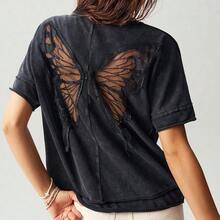 Casual Solid Color Knit Round Neck Short Sleeve Loose Butterfly Cutout Back Women T-Shirt,Summer Top - Morado - Ver 2