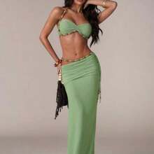 Women's Casual Vacation Ruched Waist Chain Decor Skirt, Suitable For Beach Vacation, Romantic Date, Pool Party, Beach Party, Elegant And Sexy Skirt - Verde - Ver 1