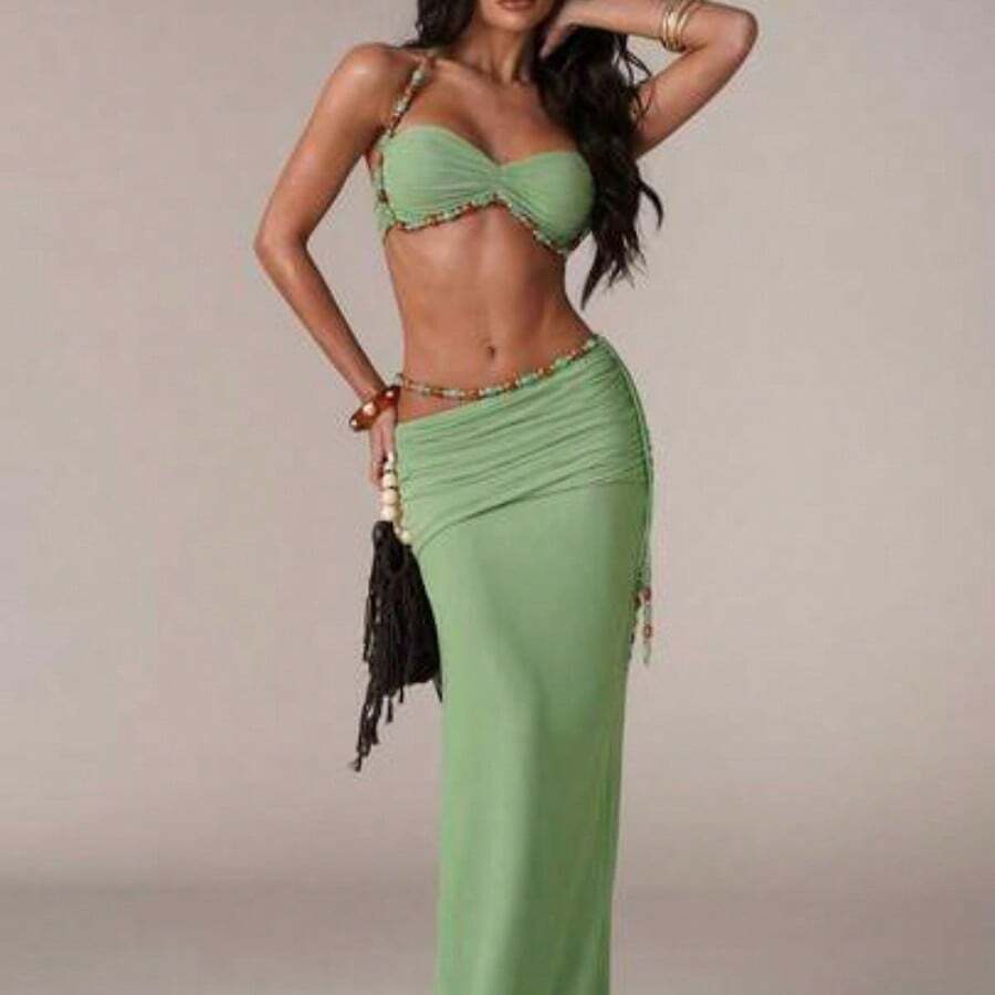 Women's Casual Vacation Ruched Waist Chain Decor Skirt, Suitable For Beach Vacation, Romantic Date, Pool Party, Beach Party, Elegant And Sexy Skirt - Verde - Ver 1