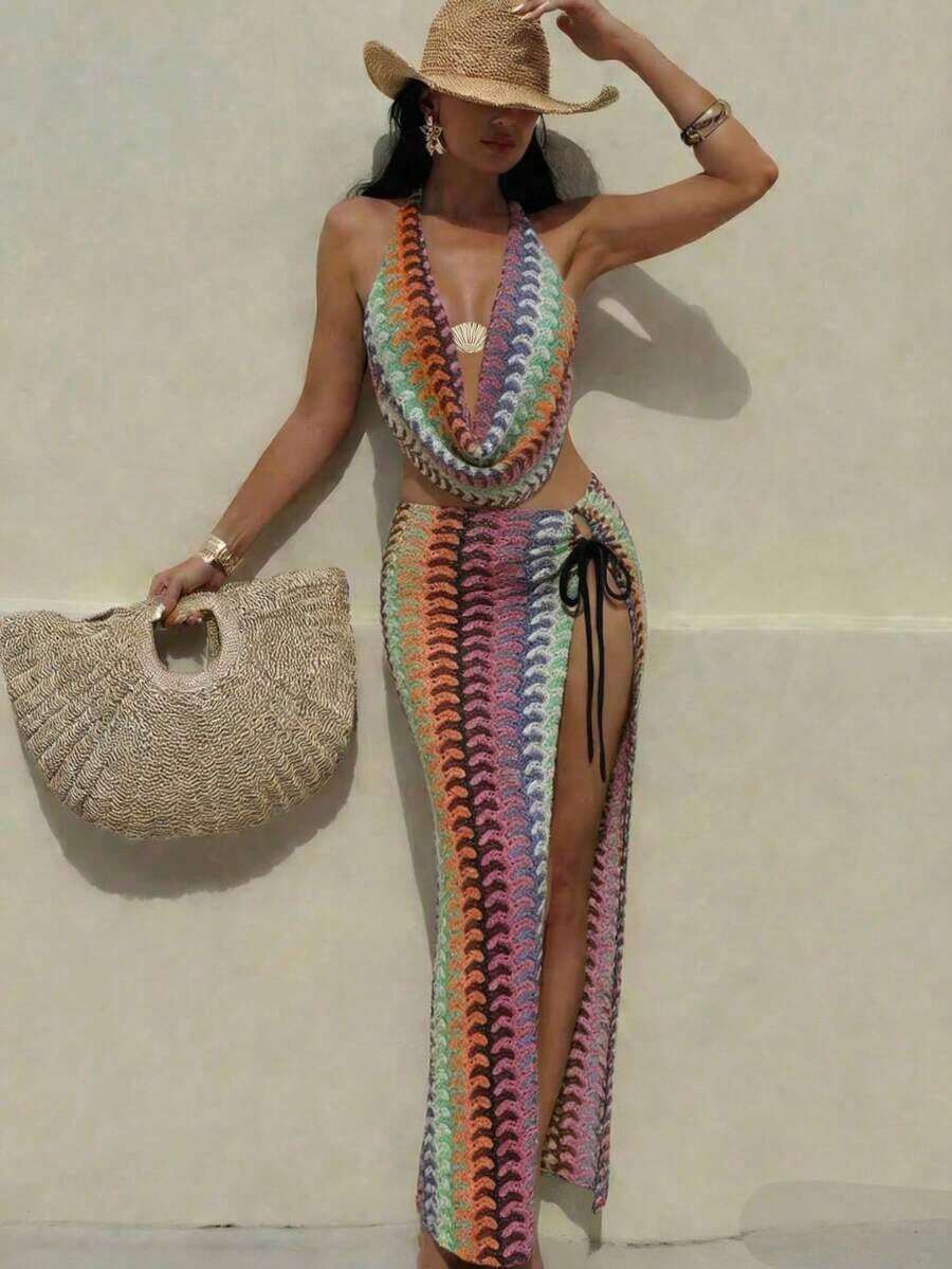 Swim Oasis Top con cuello de halter y pantalones con lazos laterales, traje de baño con lazos laterales y falda, todo en tela especial para vacaciones de verano en la playa para mujeres - Multicolor 4 - Ver 1