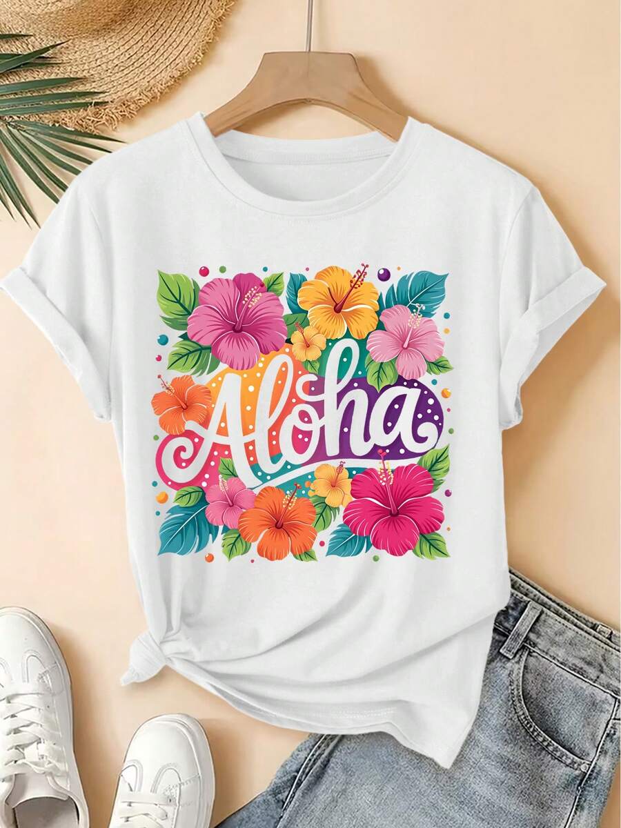 Women's Fashion Clothing 2026, Vintage Short Sleeve T-Shirt With Round Neck And Colorful Tropical Hibiscus Flower Print Aloha, Fresh Forest Style, Loose Top, Elegant Fashion - 白色 - 查看 1