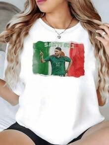 Mujer Camiseta de manga corta con estampado térmico de jugador de fútbol en verde y rojo, diseño de número y bandera, tema fútbol casual - Blanco - Ver 7