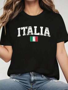 Camiseta Gráfica ITALIA para Mujer, Estampado de la Bandera Italiana, Manga Corta, Cuello Redondo, con Letras Blancas, Transpirable, Casual, para Verano y Primavera, Lavable a Máquina, Ropa de Orgullo. - Negro - Ver 1