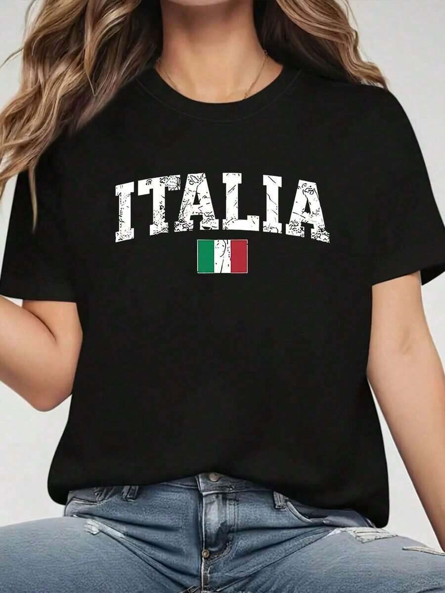 Camiseta Gráfica ITALIA para Mujer, Estampado de la Bandera Italiana, Manga Corta, Cuello Redondo, con Letras Blancas, Transpirable, Casual, para Verano y Primavera, Lavable a Máquina, Ropa de Orgullo. - Negro - Ver 1