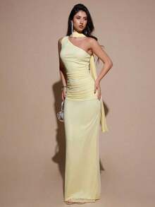 YHHSHEIN  Vestido de malla ajustado con drapeado asimétrico, elegante y sexy vestido de gala para fiesta, boda, cumpleaños, Navidad, Halloween - Amarillo claroYHH - Celeste - Ver 11