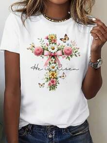 Camiseta Casual de Verano para Mujer con Estampado Floral de Pascua |   Suave y casual, de manga corta, cuello redondo, perfecta para primavera y verano, lavable a máquina, camiseta elegante y a la moda. - Blanco - Ver 1
