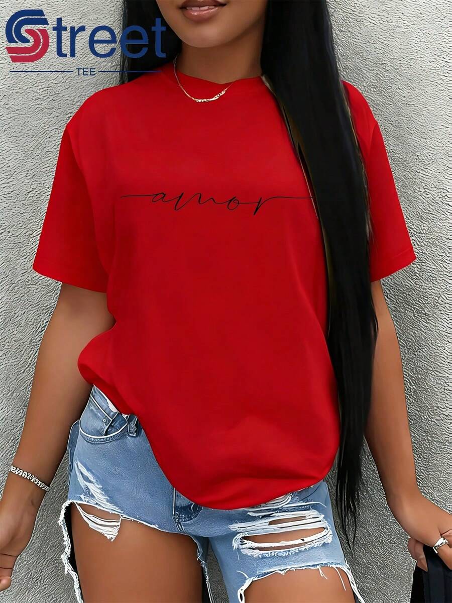 T-Shirt With Handwritten Text Print, Romantic Spanish Style For Lovers, Casual Women's T-Shirt, Women's Clothing, Summer Clothes, Simple And Modern Style, Lightweight Loose And Versatile Short-Sleeved T-Shirt - Unisex Vintage Urban Style Short-Sleeved Cotton T-Shirt With Round Neck - 紅色 - 查看 1