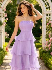 Vestido midi elegante para fiesta, sin tirantes, volantes, falda pastel, perfecto para verano y vacaciones - Morado - Ver 2