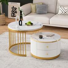 Elegant Set Of 2 Stackable Coffee Tables In White, 60*60*45.5 Cm And 50*50*32 Cm, Round With A Glossy Marble Effect Finish, 2 Drawers, Load Capacity Up To 30 Kg, Combination Of Stackable Coffee Tables. - White - View 5