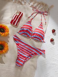 PEPPERMOLLY Bộ bikini kẻ sọc dành cho nữ, áo bơi dây tam giác với mặt dây chuyền hình cá ngựa và quần bơi cổ điển, đồ bơi mùa hè. - Nhiều màu - Xem 4