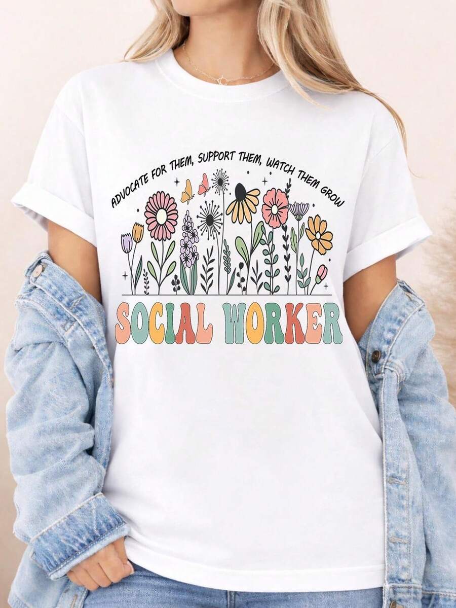 Social Worker T-Shirt, Advocate, Watch Them Grow, Floral Social Worker T-Shirt. 220g, Pure Unisex Cotton, Ideal Weight For All Seasons, Suitable For Men And Women. Durable, High-Quality Fabric, Soft To The Touch And Long-Lasting. Breathable Top. Suitable For Women In Spring And Summer, Holidays, Mother's Day, Independence Day. - 白色 - 查看 1