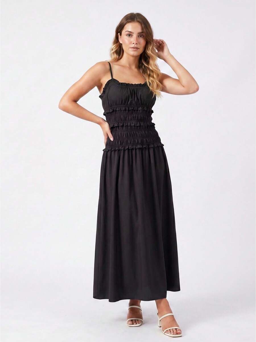 Women's Summer Smocked Ruffle A-Line Slip Dress Soft Breathable Vacation Cocktail Beach Streetwear - Black - View 1