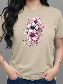 Women's Graphic T-Shirt, Short Sleeve, Round Neck, Basic, Comfortable, Cool, Lightweight, Modern, Youthful, Feminine, Floral Print, Lily, Leaves, 3D - 貝斯 - 查看 8