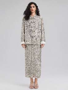 Rich Radi Q's Shiny Sequin Contrast Detail Regular Length Women Jacket, Party Casual Top - Silver - View 5
