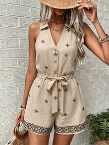 Bộ áo liền quần kiểu denim ven biển dành cho nữ, kiểu dáng bohemian nhẹ nhàng, thích hợp cho kỳ nghỉ biển và trang phục cuối tuần, trang phục mùa hè. - Màu be - Xem 3