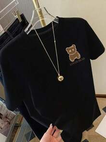 Camiseta de manga corta de talla grande para mujer - Camiseta básica casual de corte holgado, elegantes tops de poliéster, camiseta de manga corta con estampado frontal y trasero - LOVER BEAR, estampado de pareja de osos - Camiseta estampada de primavera/verano para mujer, artículo de moda transpirable y cómodo. - Negro - Ver 3