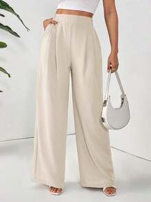 Pantalones holgados básicos casuales de cintura alta de unicolor, plisados y de pierna ancha para mujer - Albaricoque 2 - Ver 6