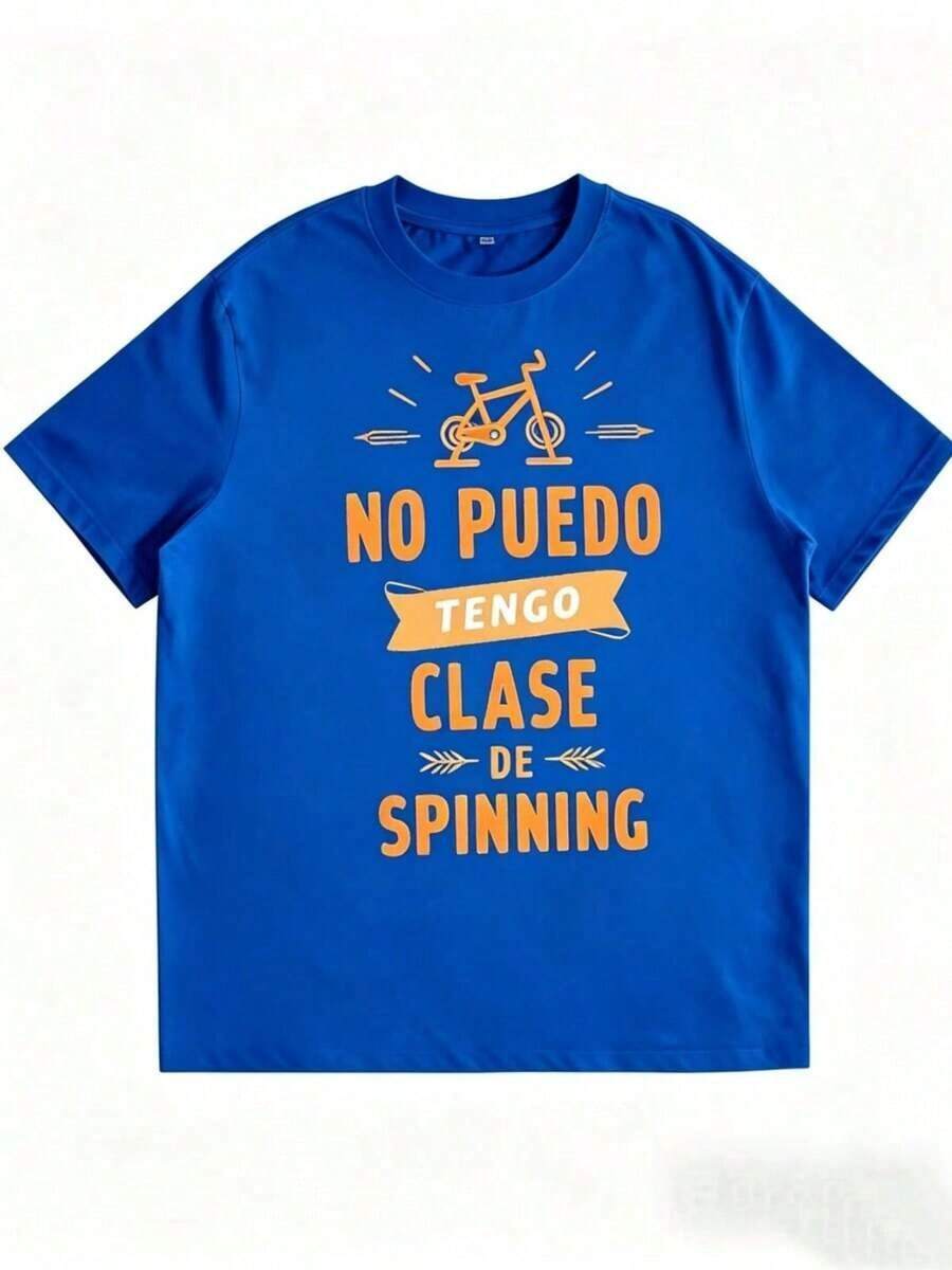 Camiseta de manga corta para mujer 2026 - Divertido eslogan "Spinning Bike" en impresión en español, estilo casual y cómodo, adecuada para clases de spinning y para estudiantes de español. S - Azul - Ver 1