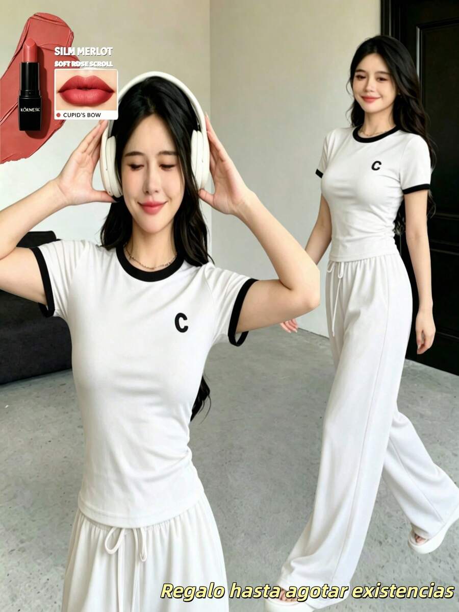 Regalo hasta agotar existencias, Set de 2 piezas de camiseta de cuello redondo holgada con estampado de letras y pantalones con cordón para mujer - Blanco - Ver 1