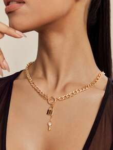 Altistry 1pc Lock & Key Chain Rhinestone Key Charm Necklace - Yellow Gold - View 3