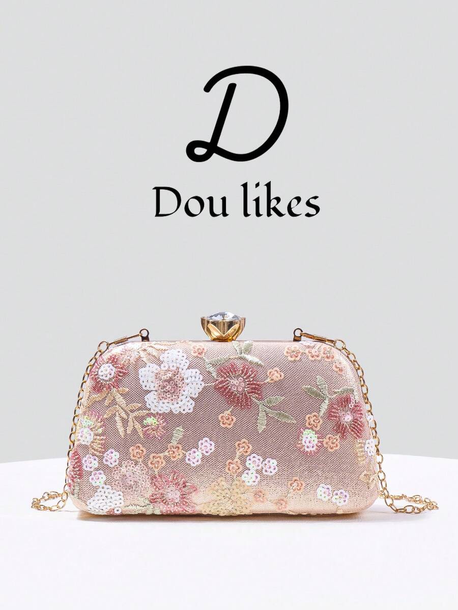 Dou Likes 刺繡亮片花卉晚宴包,包身捕捉浪漫自然景觀,精選柔粉色底色,適合婚禮造型、畢業舞會、晚宴/宴會,完美搭配女款畢業舞會禮服、畢業舞會配件、亮片洋裝、閃亮洋裝、優雅女裝 - 粉色 - 查看 1