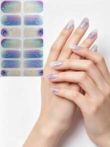 Almond Gradient Colorful 3D Hand-Painted Blue Lotus Floral 3D Crystal Nail Stickers - Multicolor - View 1