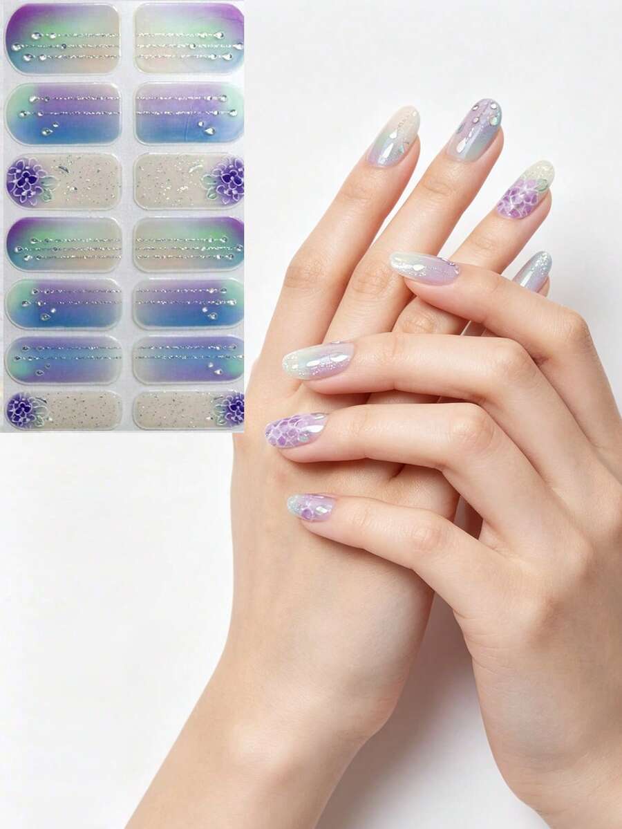 Almond Gradient Colorful 3D Hand-Painted Blue Lotus Floral 3D Crystal Nail Stickers - Multicolor - View 1