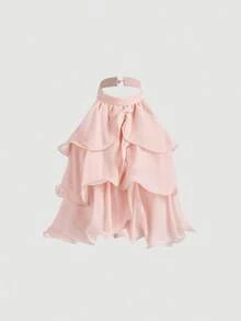 MOD Top Corto Elegante Azul Marino con Volantes Multicapa, Top de Año Nuevo, Top de Fiesta, Top Casual para Mujer con Botones Frontales y Tirantes Anchos, Estilo Minimalista para Uso Diario, Estilo Vintage, Look para el Día de San Valentín - Rosa - Ver 5