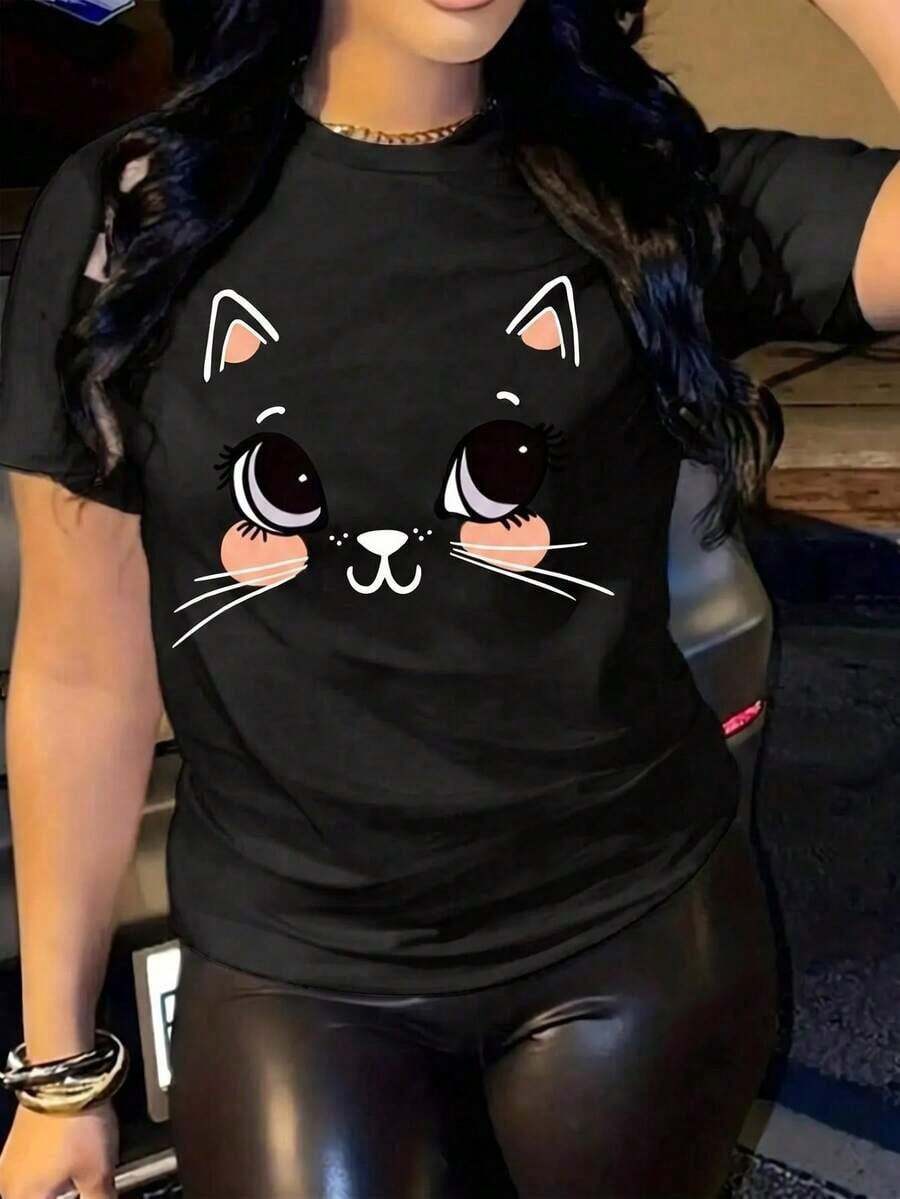 Soft 100% Cotton T-Shirt, Women's Short Sleeve White Casual T-Shirt, Round Neck, Regular Length, Cat Print, Breathable Cotton T-Shirt, Goes With Everything, Great. - 黑色 - 查看 1