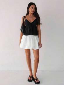 Camiseta de tirantes con volantes y lazo delantero de unicolor para mujer - Negro - Ver 3