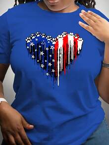 Women's Casual Short-Sleeved T-Shirt With A Patriotic Heart Print, Regular Length. Suitable For: Home, Gatherings, Vacations, School, Parties, Etc. A Versatile Wardrobe Staple That Can Be Layered With Other Clothing. Great Gift Idea. - 藍色 - 查看 3