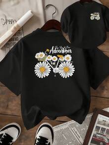 Flores de margaritas que simbolizan alegría esperanza y nuevos comienzos mientras el texto inspira a decir sí a nuevas aventuras reflejando optimismo y energía positiva en cada movimiento camiseta de mujer de doble cara con estampado floral motivacional casual y moderna - Negro - Ver 1
