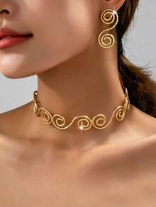 3pcs Women Jewelry Set, Exaggerated Vintage Elegant Hollow Geometric Spiral Necklace & Earrings Set, Suitable For Beach, Party, Banquet And Daily Wear - Yellow Gold - View 6