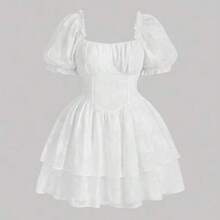 MOD Plus Size Ruched Bust Puff Short Sleeve Jacquard Dress,Valentine Day,Graduation Dress,Birthday Dresses For Women - Blanco - Ver 1