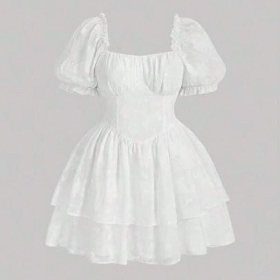 MOD Plus Size Ruched Bust Puff Short Sleeve Jacquard Dress,Valentine Day,Graduation Dress,Birthday Dresses For Women - Blanco - Ver 1