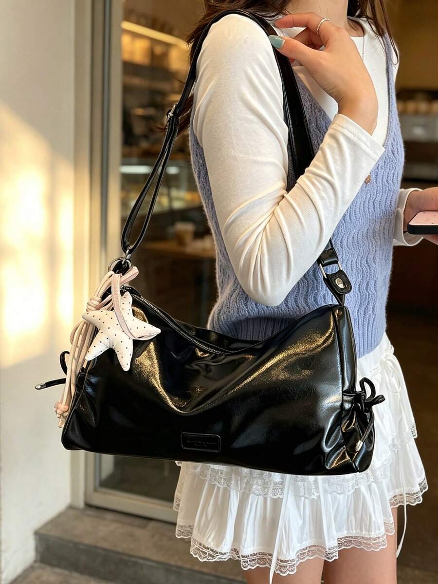 New Fashion Casual Solid Color PU Fabric Crossbody Bag With Hanging Ornament, Drawstring Tie, Multiple Pockets, Large Capacity Women's Shoulder Bag - A - View 1