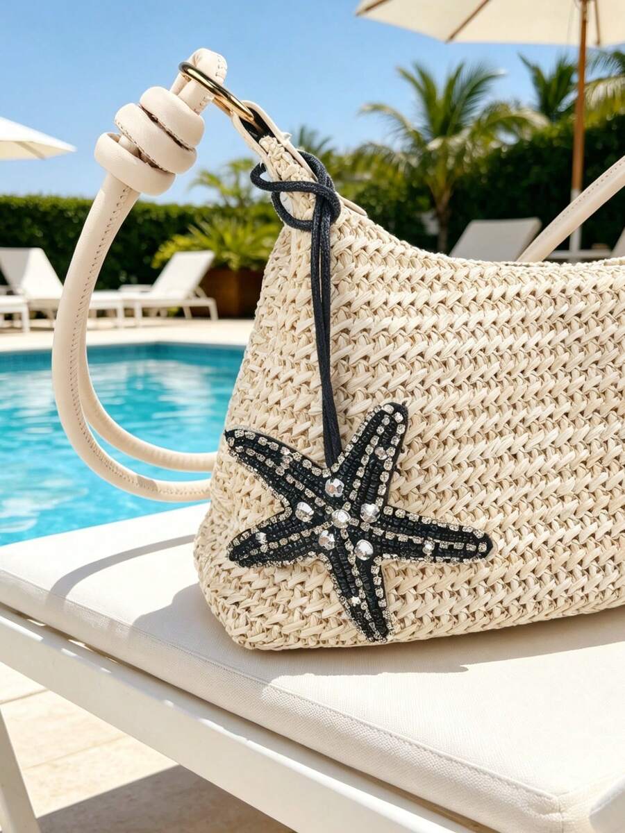 1 pezzo Ciondolo da borsa fatto a mano in stile boho con stelle marine e conchiglie in argento, adatto per decorare borse, appendere in auto, accessorio per portachiavi - nero - Visualizzare 1