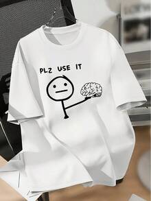 Loose-Fitting Short-Sleeved T-Shirt With A Cartoon-Style Brain Print And Text - Exquisite Design, Essential For Summer, Easy To Match, Perfect For Showing Off Your Style. - 白色 - 查看 1