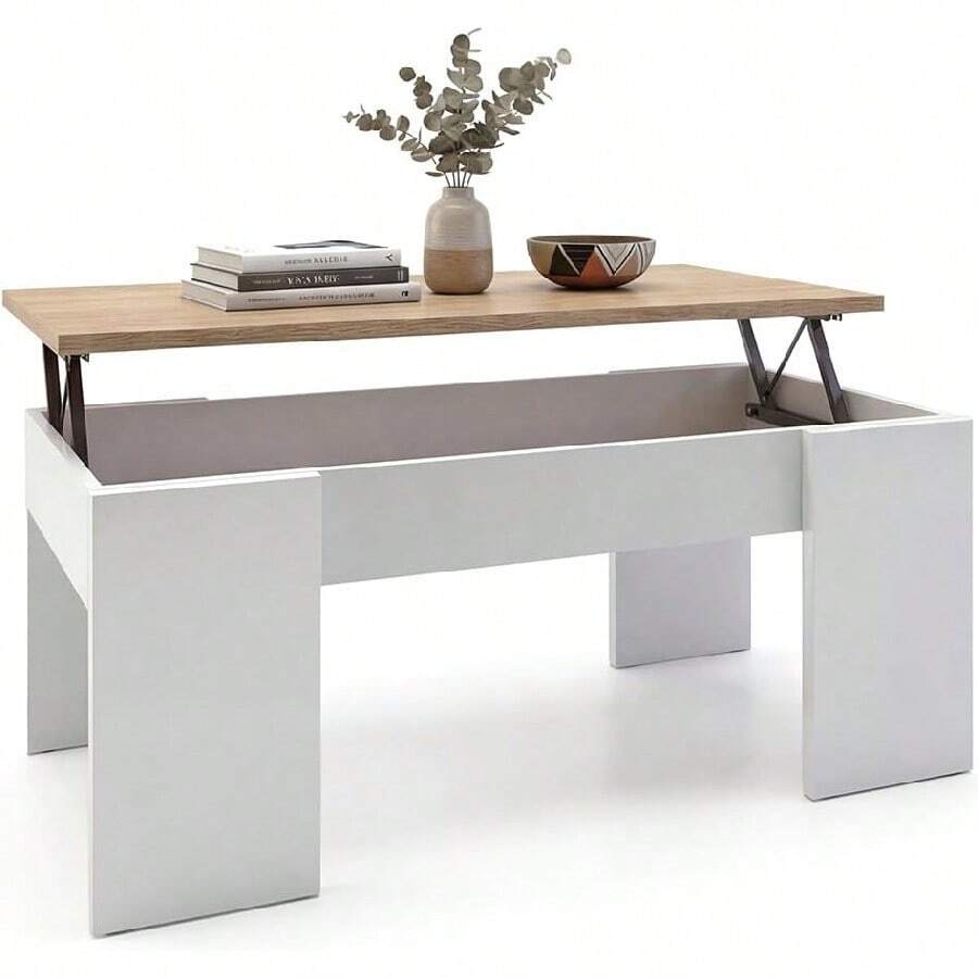 Tavolo da Salotto o Sala da Pranzo Elevabile, Finitura in Bianco e Rovere, Dimensioni: 100 cm (Lunghezza) x 50 cm (Larghezza) x 45-56 cm (Altezza) - Artik White e quercia canadese - Visualizzare 1
