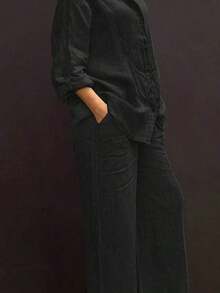 Cardigan casual con cuello polo ligero, blusa elegante de unicolor versátil adecuada para la playa, el diario, el trabajo, las compras, de tela suave, pantalones sueltos con cintura elástica, conjunto de 2 piezas, primavera/verano/otoño - Negro - Ver 10