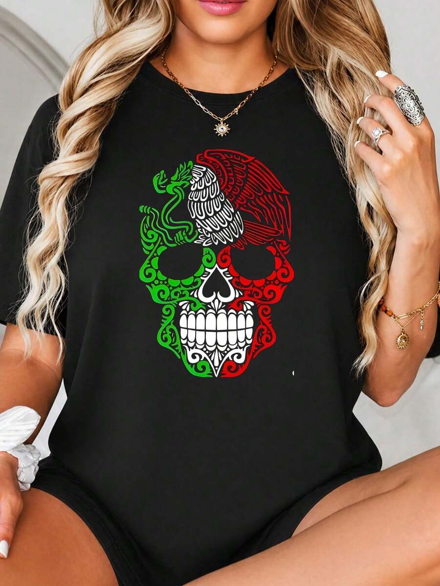 Impresión Skull Art, Diseño de patrón Fl-ag mexicano, Color blanco R-ed Gr-een, Estilo Sugar Skull Art, Tema del Día de los Muertos, Gráfico de Decor Cultural.jpgRegalos personalizados: Camisetas para mujer con estilos modernos, hippies, casuales y minimalistas. Ropa masculina personalizada única, armarios cápsula, ropa básica/urbana para hombre. Regalos ideales para novios, familiares y amigos, adecuados para cumpleaños, vacaciones, colegio/competiciones, deportes/escalada, etc., también adecuados para la moda de otoño y actividades urbanas. Verano negro.