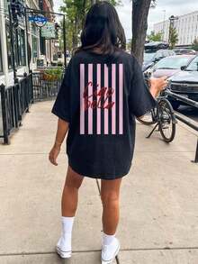 [Printed On The Back] [-Oversized Cotton Shirt] Women's Casual Loose Fit Top, Relaxed Fit, Striped Pattern And Hello Beautiful Print, Round Neck, Short Sleeves, Dropped Shoulders, Cotton [Ling], Festival - Black - View 1