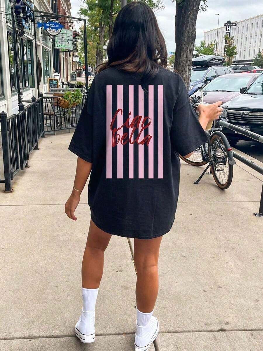 [Printed On The Back] [-Oversized Cotton Shirt] Women's Casual Loose Fit Top, Relaxed Fit, Striped Pattern And Hello Beautiful Print, Round Neck, Short Sleeves, Dropped Shoulders, Cotton [Ling], Festival - Black - View 1