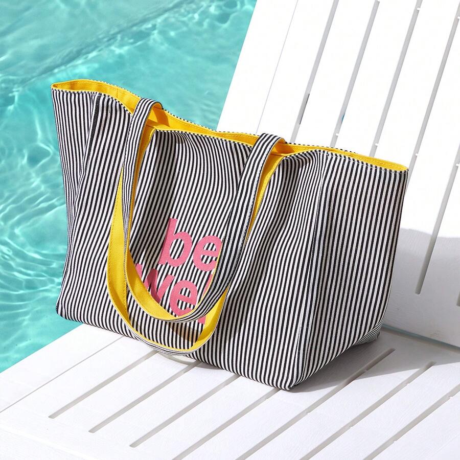 Trivaya This Fashionable Classic Clown Colorblock Striped Design Handbag Has A Large Capacity, Is Lightweight And Easy To Carry, With Letter Graphics On Both Sides. Shoulder Tote Bag, Suitable For Travel And Shopping. - Black - View 1