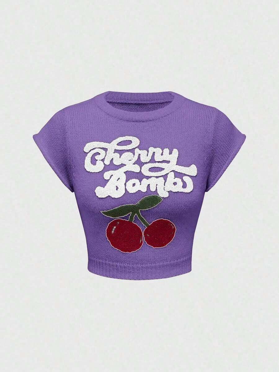 Chaleco de punto para mujer, estilo universitario, lindo e inocente, con bordado de cerezas, cuello redondo y mangas de murciélago. - Morado - Ver 1