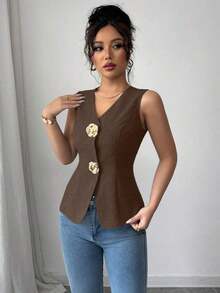 Blusa exterior con cuello en V ajustada con decoración de botones dorados con rosas - Marrón - Ver 3
