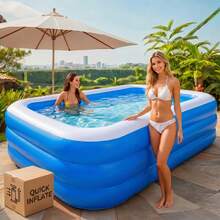 Extra Large Inflatable Swimming Pool, Thickened PVC, Giant Inflatable Water Pool, Outdoor Backyard Floor-Standing Large Pool, Perfect For Summer Leisure Water Play Parties - 122吋加厚藍白+快速充氣 - 查看 10
