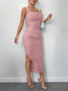 Vestido negro ajustado de malla con volantes y abertura en el bajo, con tirantes - Rosa vieja - Ver 4