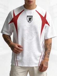 White & Red Printed T-Shirt - Badge & Letter All-Over Print Design - Lightweight Crew Neck Short Sleeve - Casual Sports Style Top For Summer - Multicolor - View 6