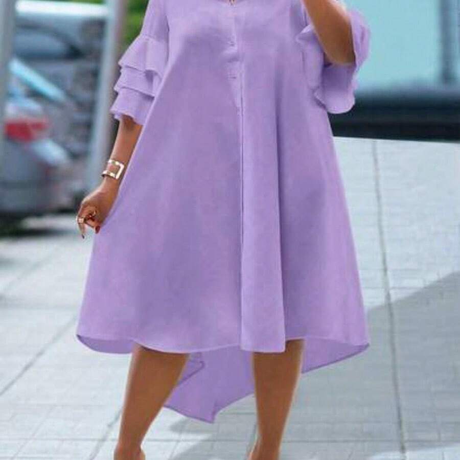 Women Solid Color Simple Casual Beach Short Sleeve Layered Ruffle Sleeve Shirt, Uneven Hem Mid-Length Dress,Graduation Dress - Púrpura malva - Ver 1